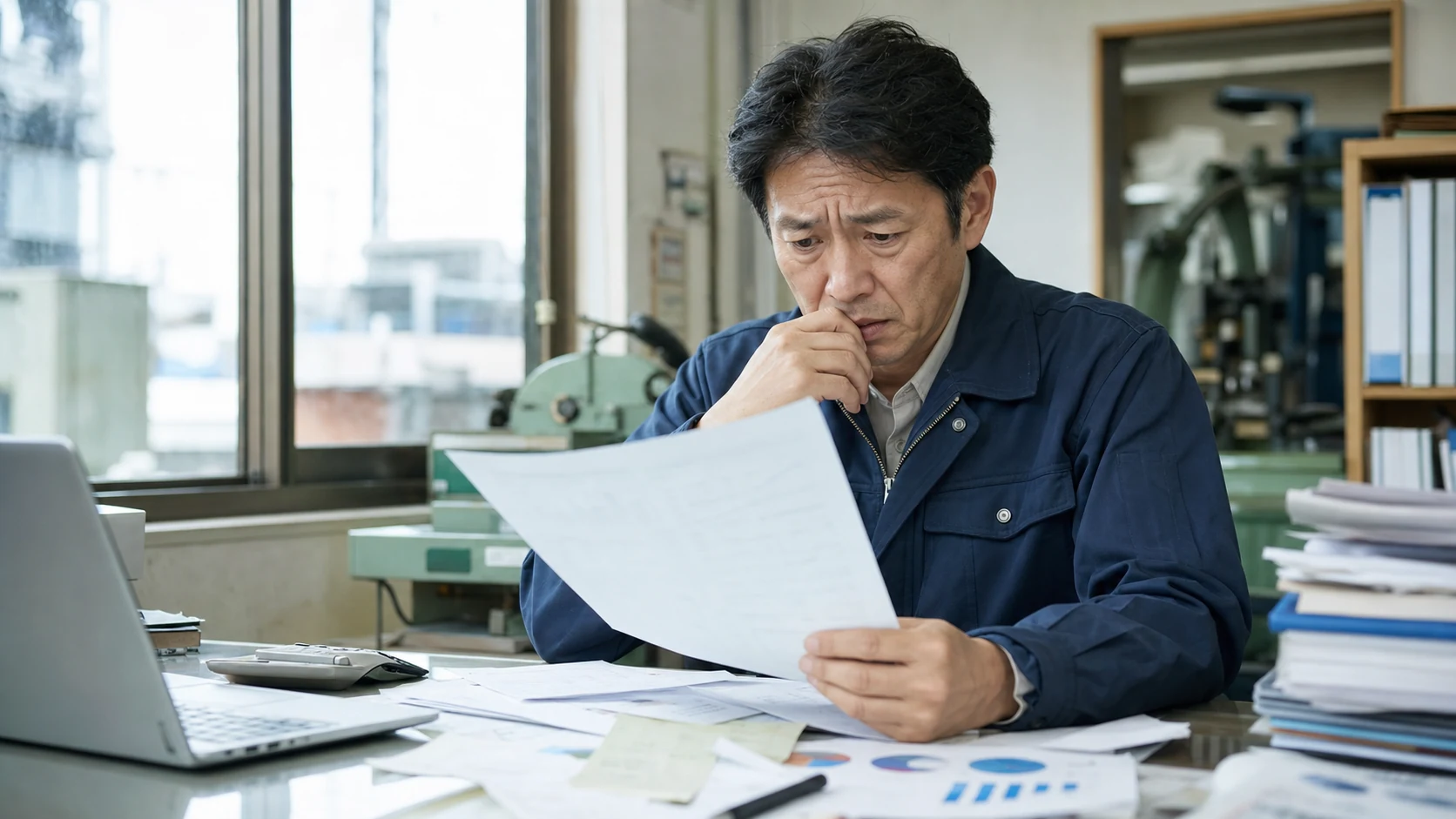 信用保証協会の面談前に決算書と資金使途を確認する中小企業経営者