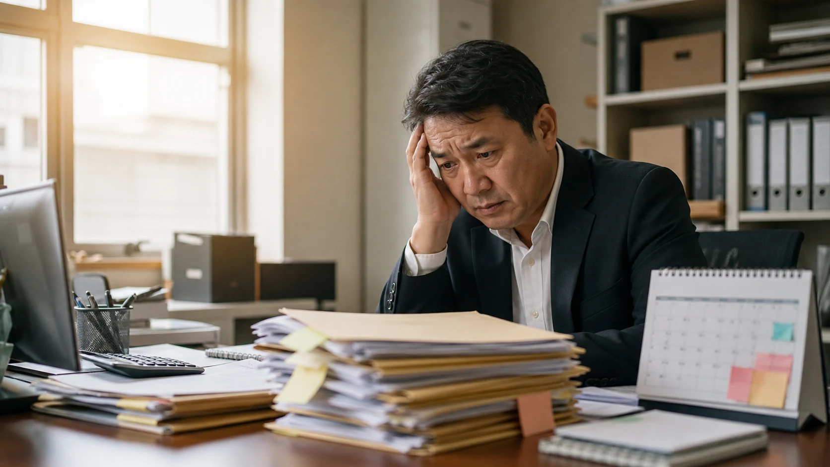 銀行担当者と融資申込書類の進行予定を確認する経営者
