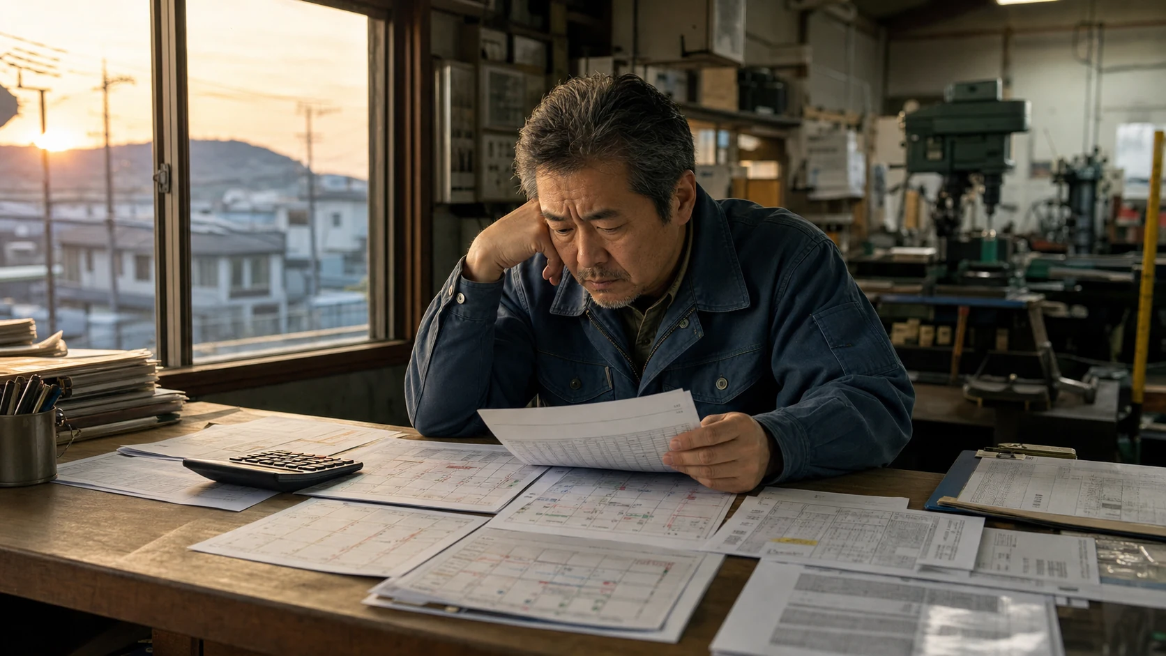 複数の返済予定表を前に月々の支払額を確認する中小企業経営者