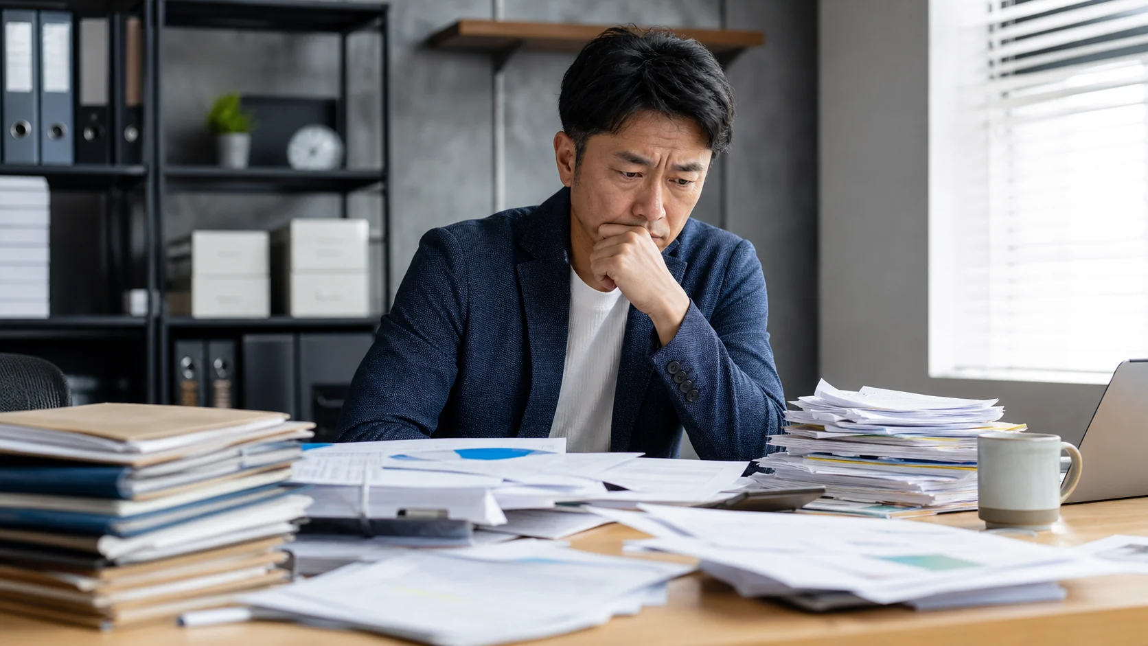 信用保証申込の決算書と資金使途資料を照合する中小企業経営者