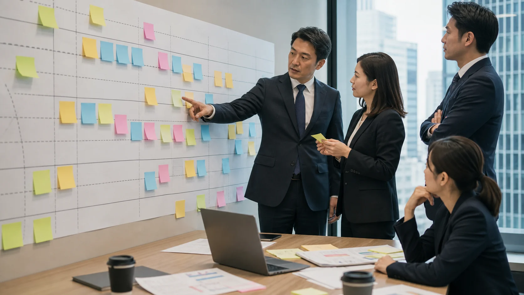 融資審査の各工程と回答期限を工程表で管理する会議