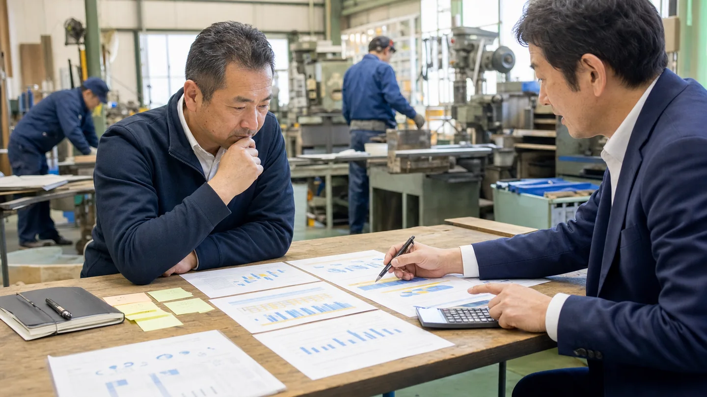 粗利と固定費を分析し改善計画を作る経営者と相談員