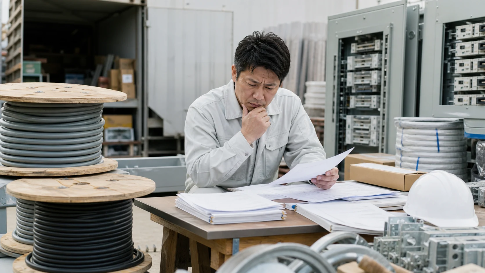 電気設備工事の図面と材料請求書を確認する工事会社経営者