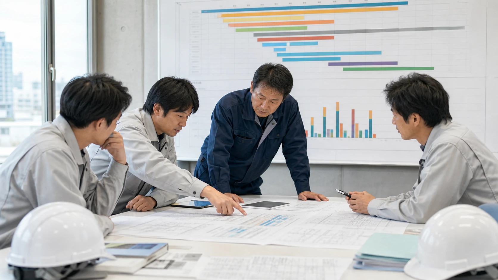 工事工程と13週間資金繰り表を並べて会議する電気工事会社