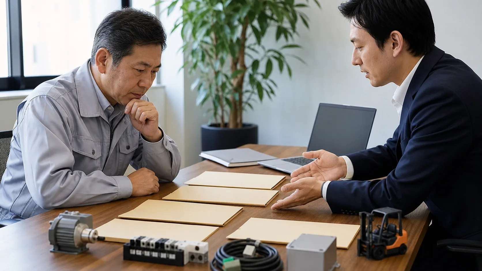 経営者が設備本体と工事・運搬・稼働準備費を確認する場面