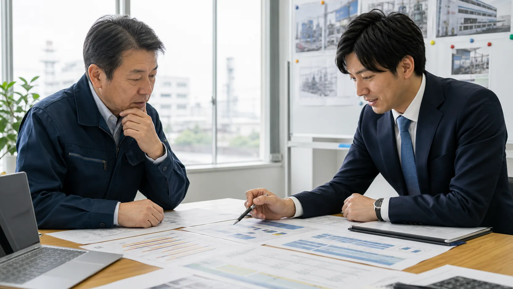 会社とコンサルが設備投資の見積・工程・回収・返済を確認する場面