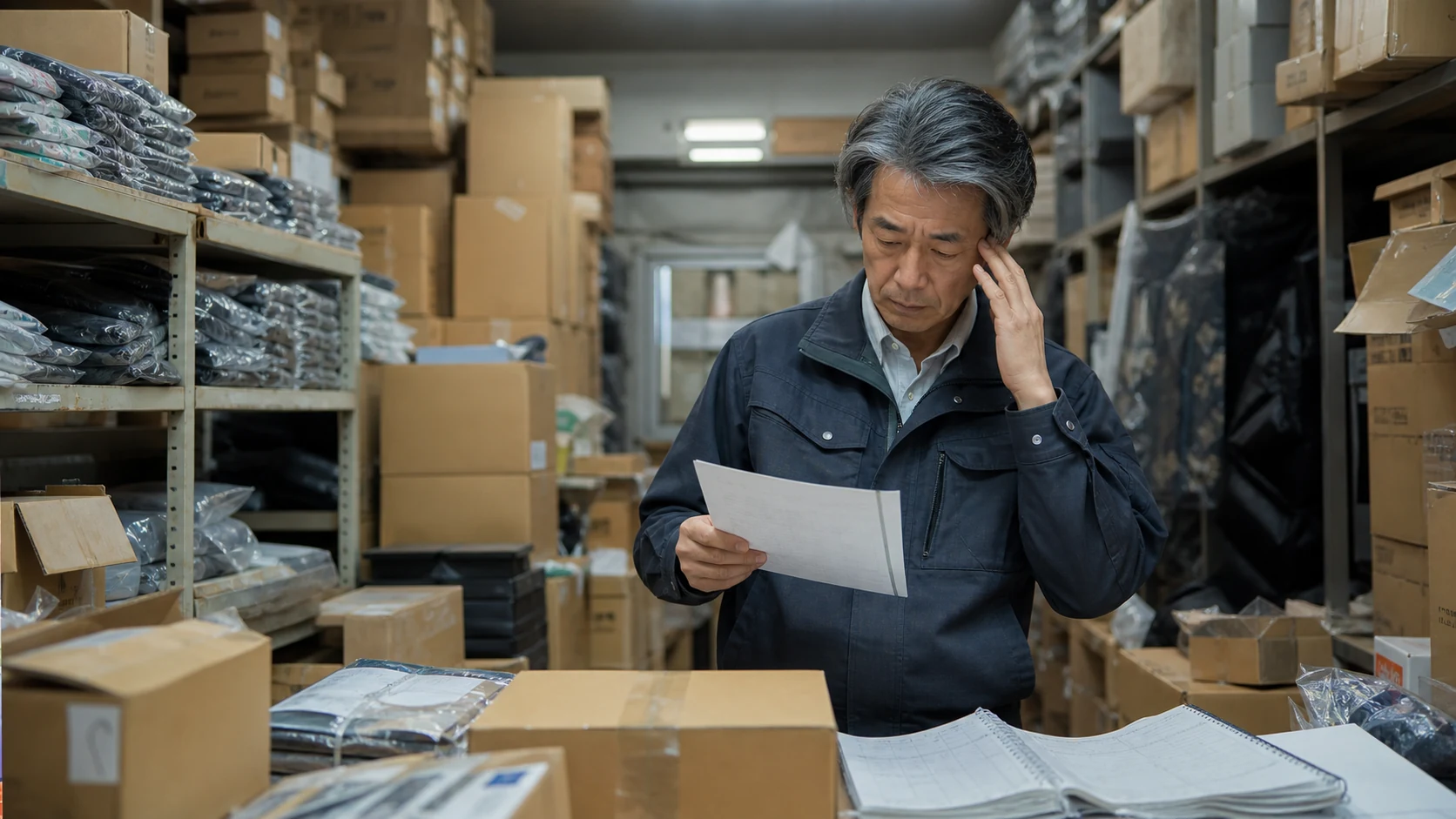 倉庫の在庫年齢表と資金繰りを確認する中小企業経営者