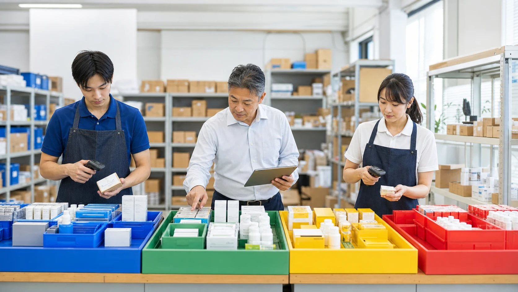 在庫を正常・過剰・滞留・不良に色分けする倉庫改善会議