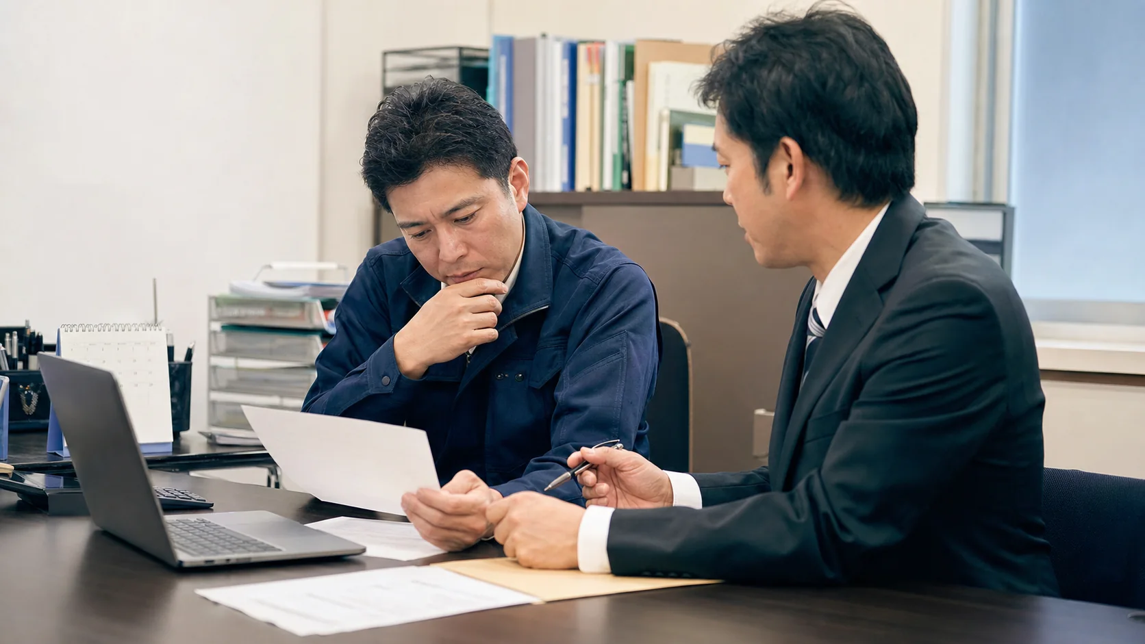 社会保険料の通知書と資金繰り表を確認する中小企業経営者