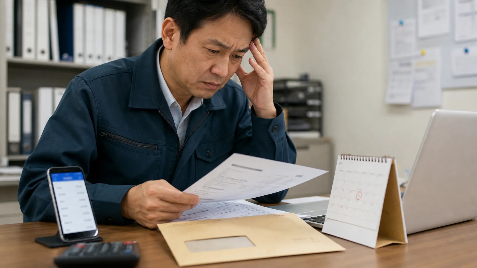 税金の納付書と資金繰り表を見て対応を考える経営者