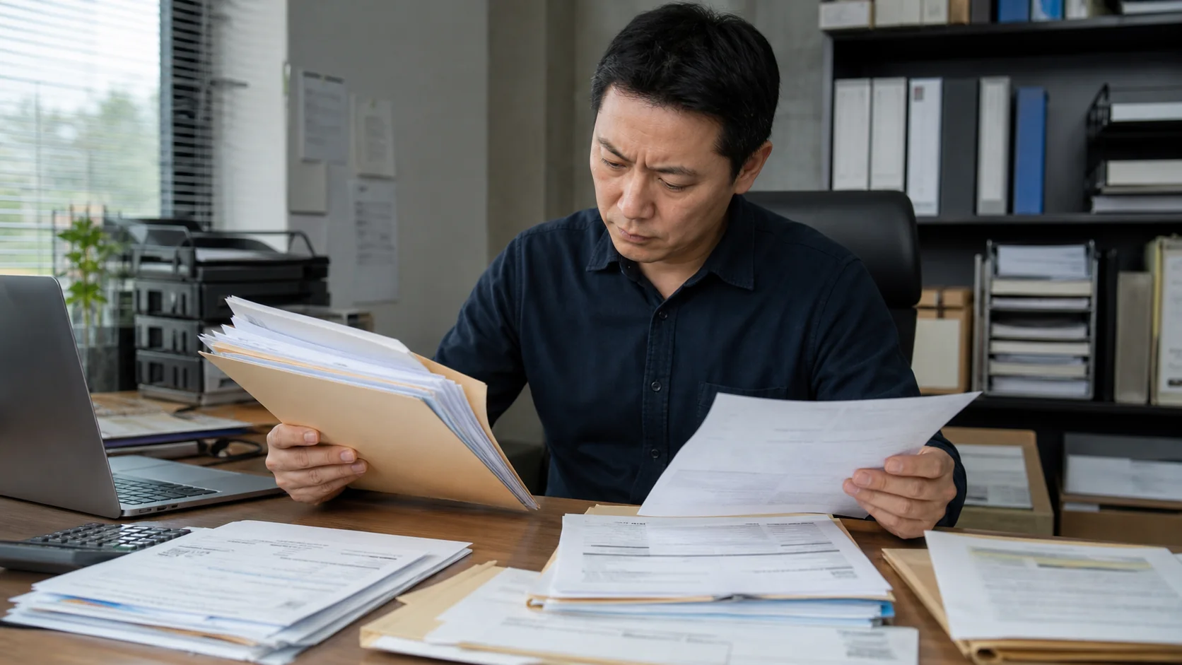 複数の請求書と契約書を照合する中小企業経営者
