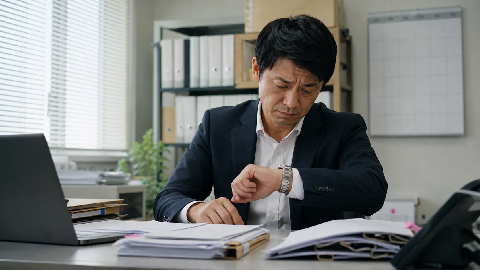 支払期限の時計を見ながら申込書類を急いでそろえる経営者