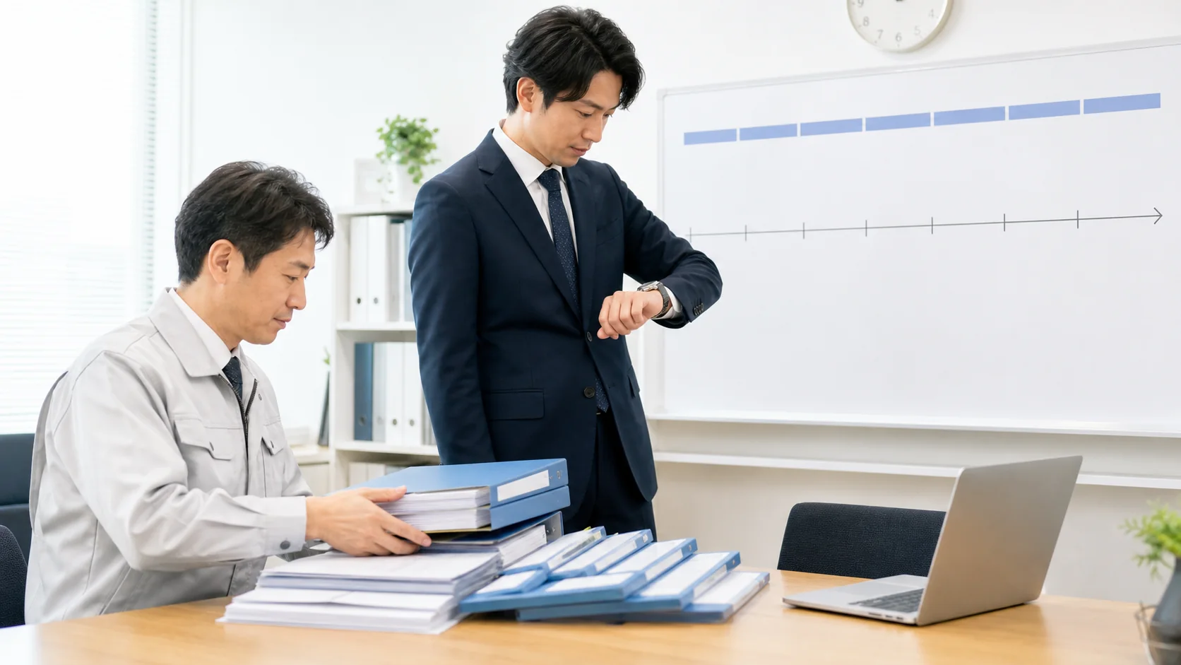 申込から入金までの工程表を確認する経営者と相談員