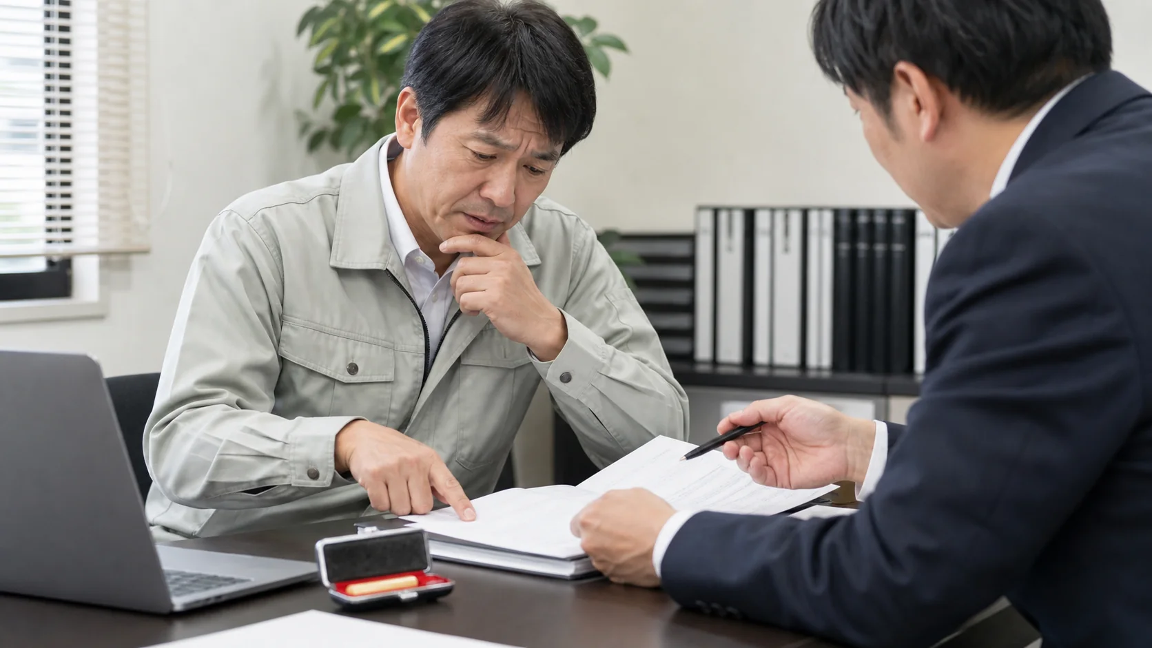 ファクタリング契約書と登記条件を確認する中小企業経営者