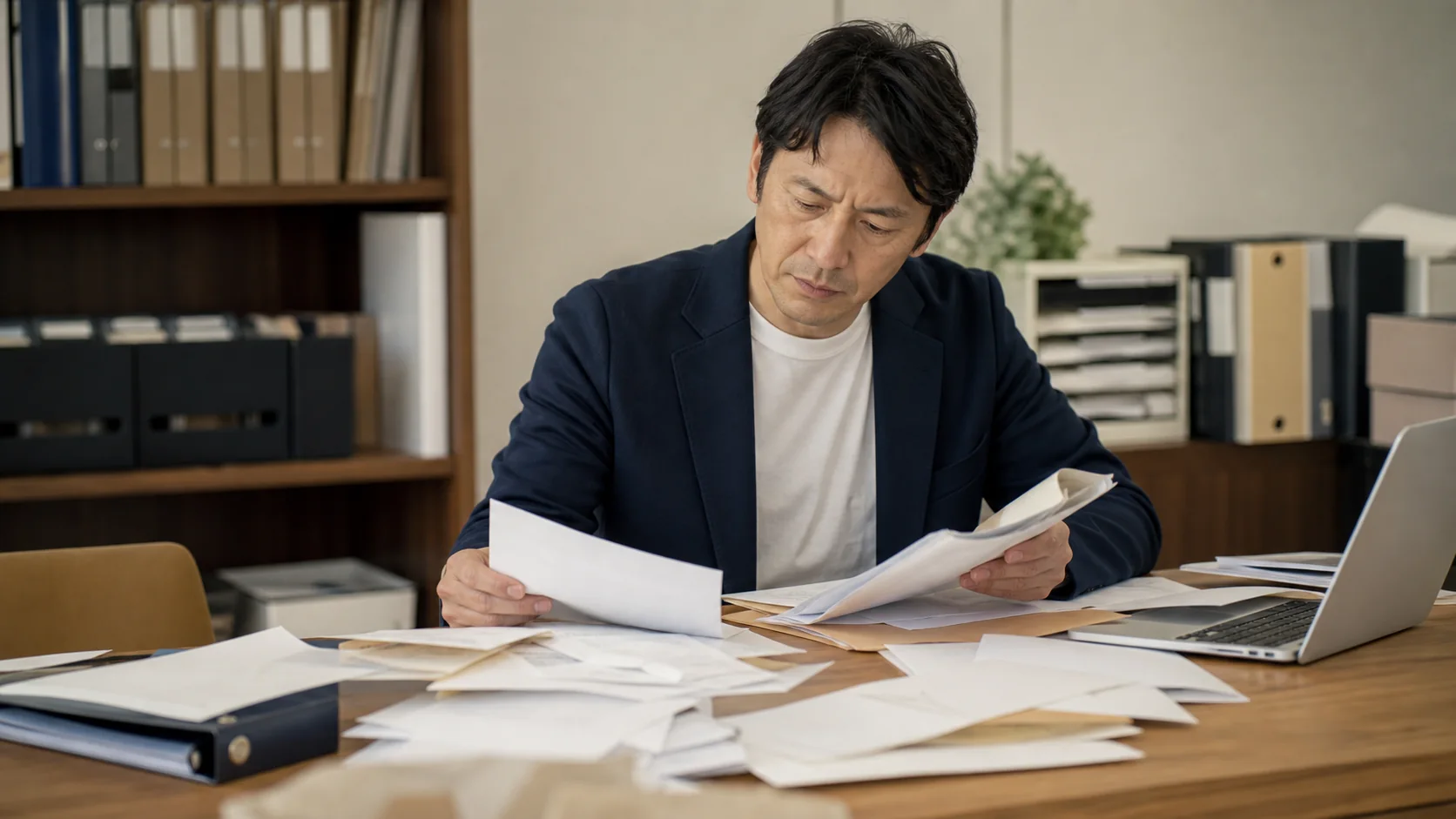 散在した請求書や契約書から必要資料を探す中小企業経営者