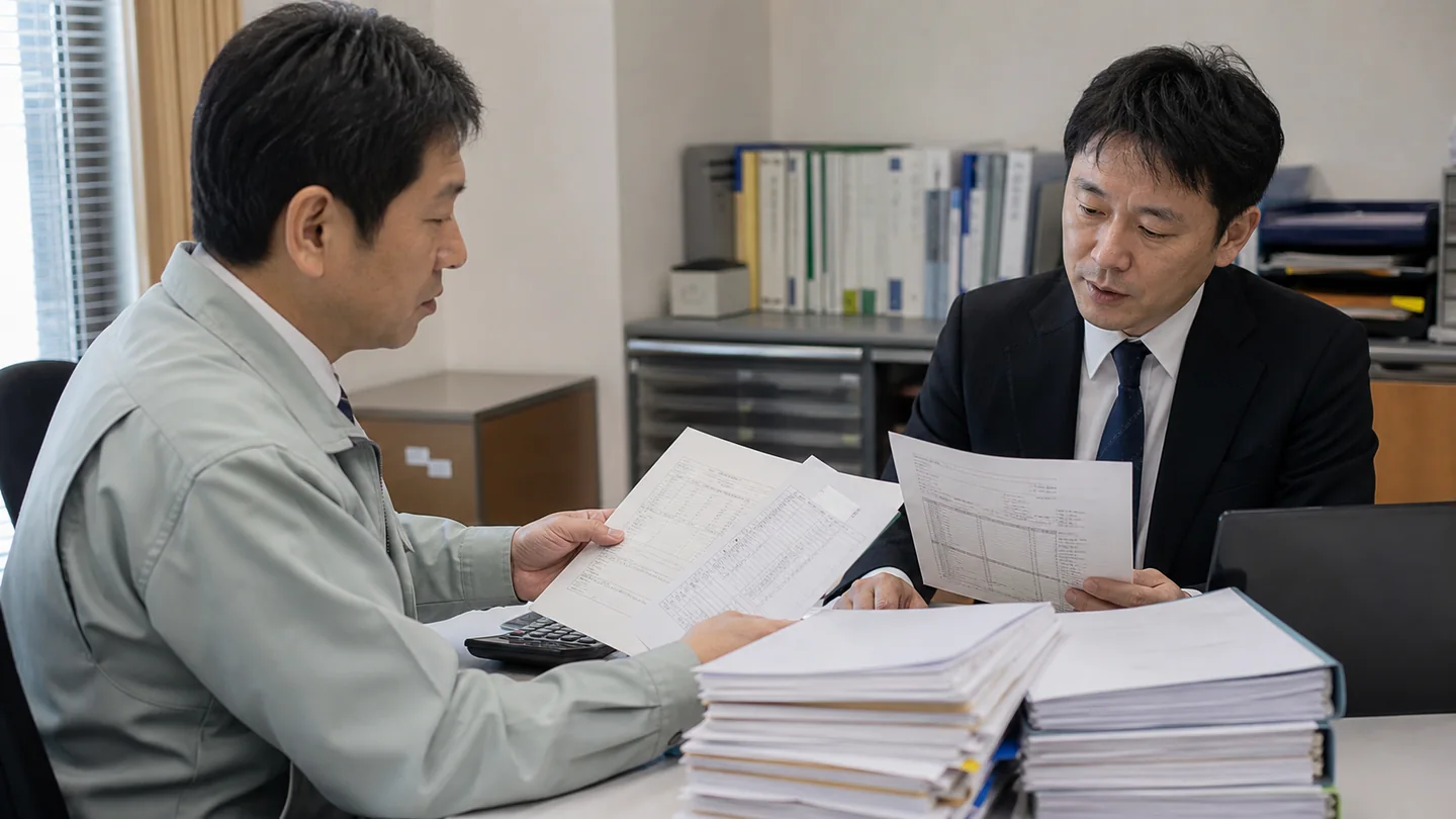 請求書と返済計画を並べて比較する中小企業経営者