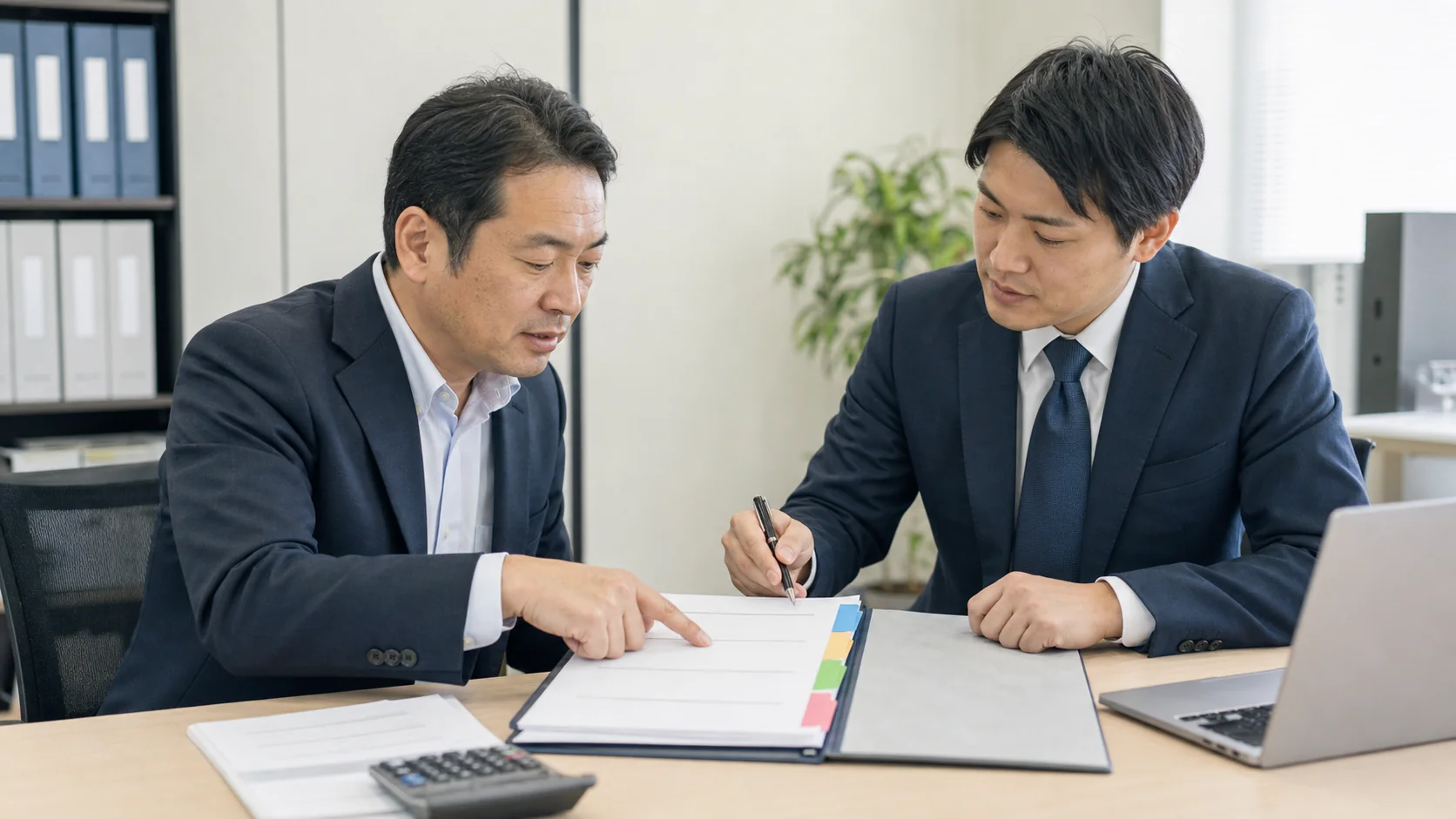 買戻しや保証条項を一覧表で確認する経営者と相談員