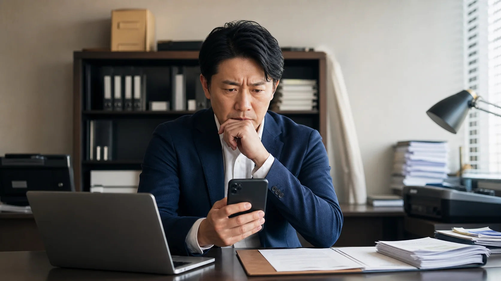 取引先への連絡有無を心配し契約書と電話を確認する会社経営者