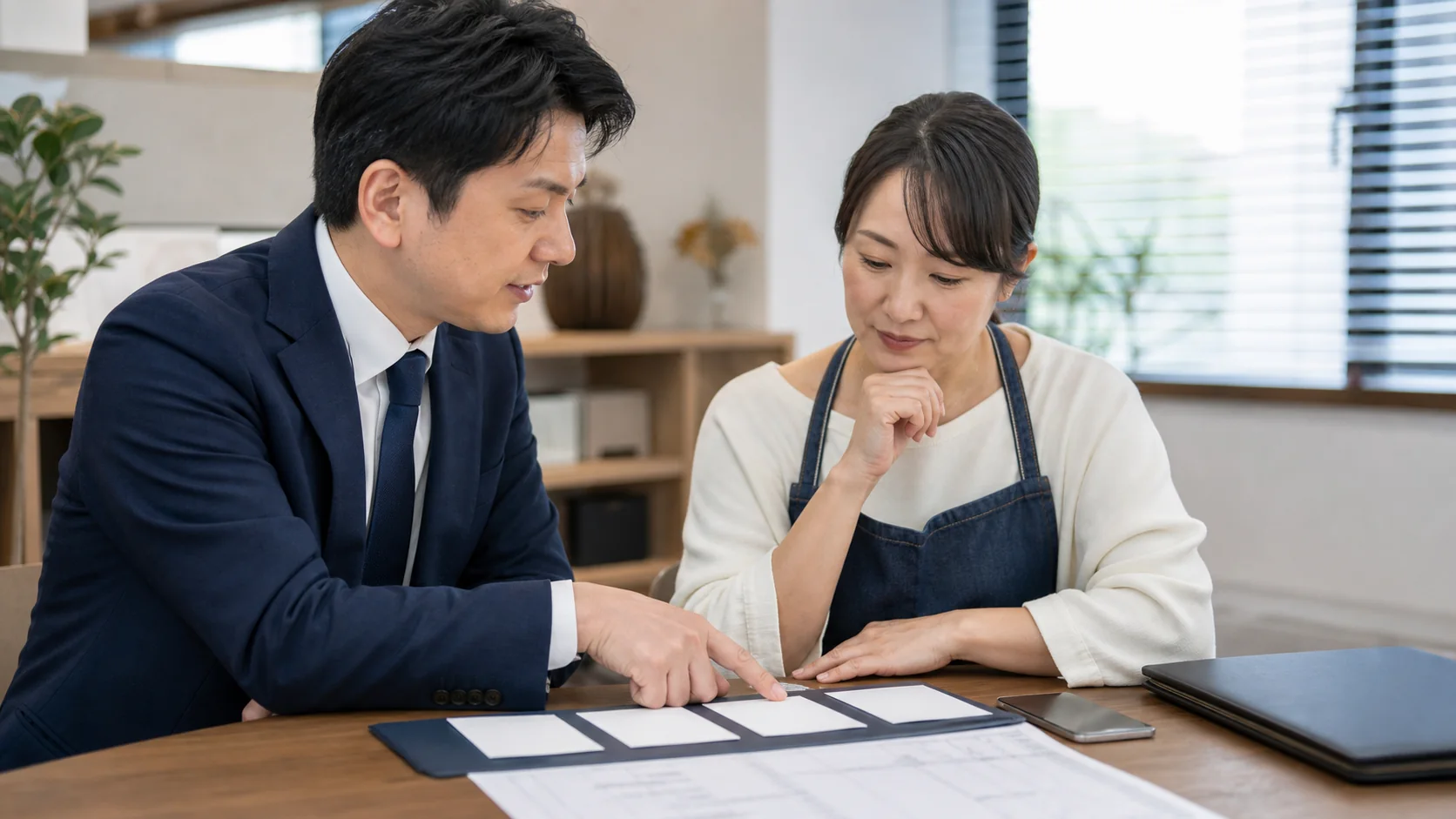 契約前の五つの通知条件をカードで確認する店舗経営者と相談員