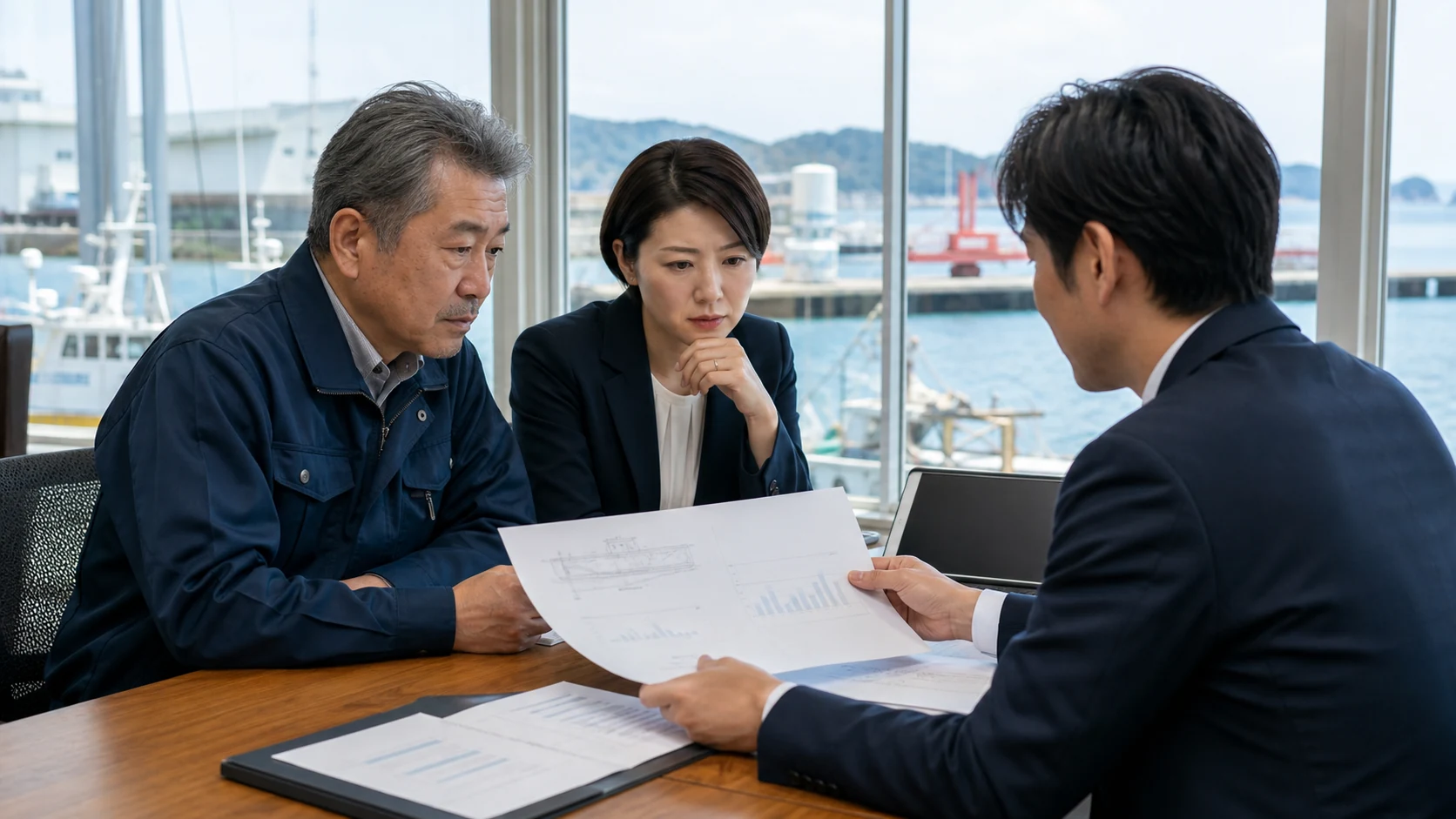 水産会社の経営者が金融機関へ漁期・加工・冷凍在庫・返済を説明する場面