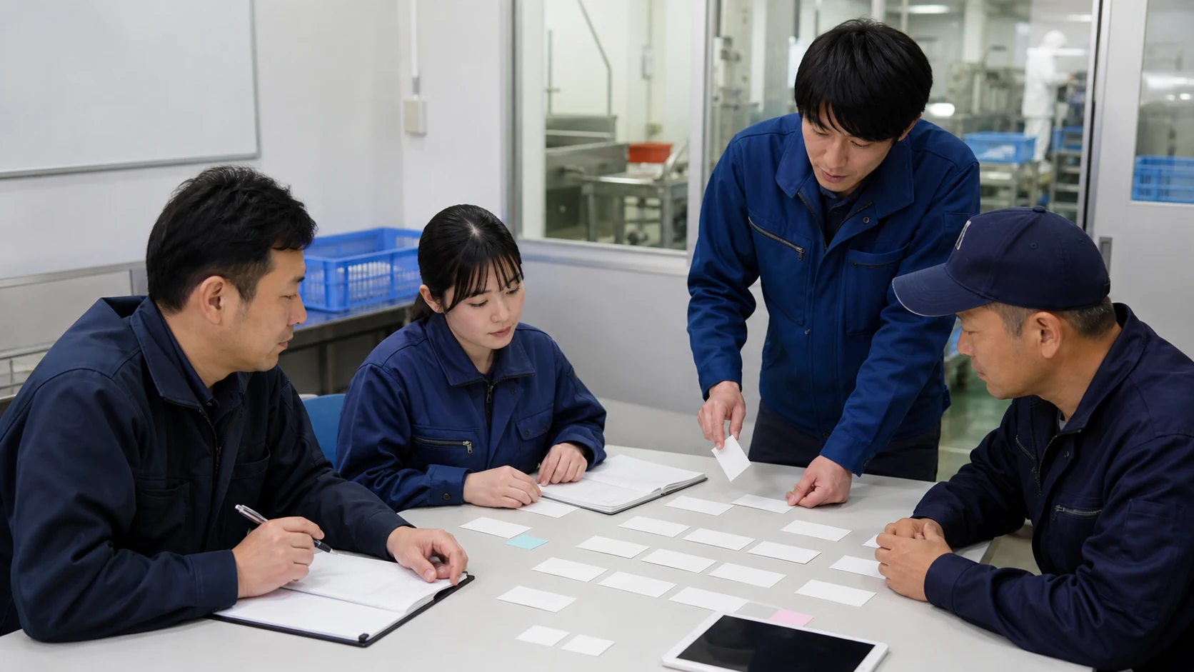 水産会社の経営者・漁労・加工・財務担当が漁期別資金を統合する場面