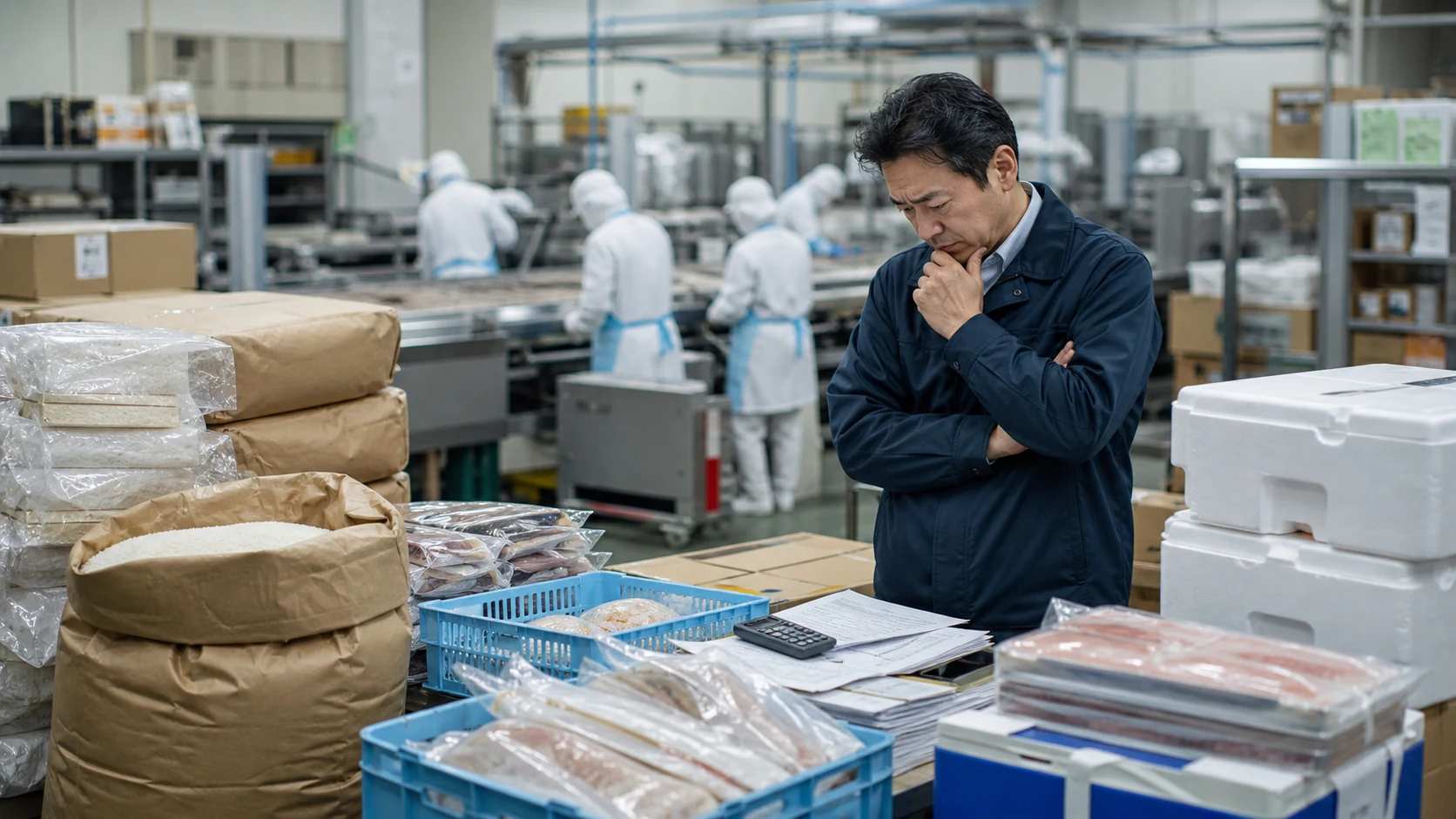 食品工場で原料価格と製品別原価を確認する経営者