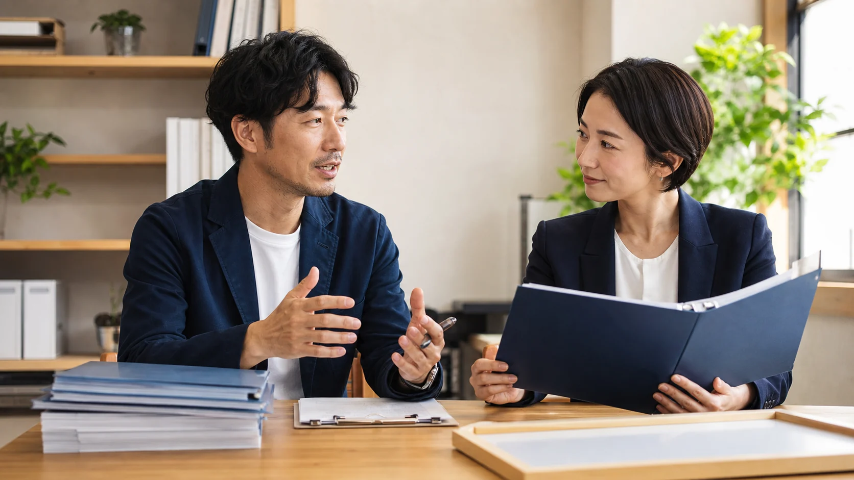 経営者が選んだ支援者と金融機関面談に向け事業説明を準備する場面