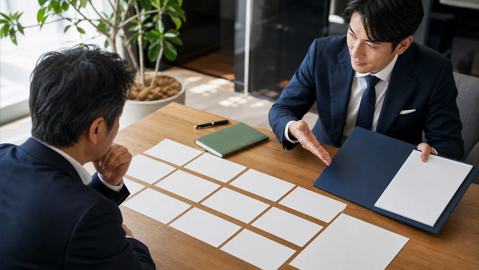 経営者が候補者へ支援範囲・実績・報酬等の比較項目を質問する場面