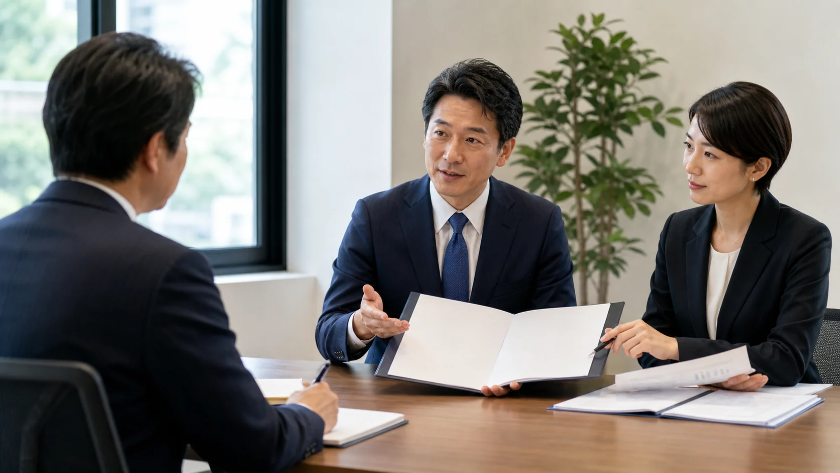 経営者が銀行担当者へ説明し支援者が補足準備する場面