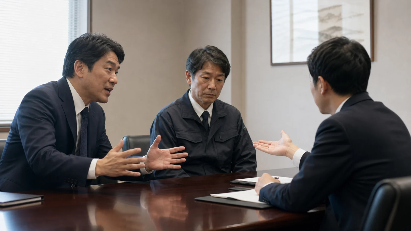 経営者とコンサルが融資面談前に発言の役割を確認する場面