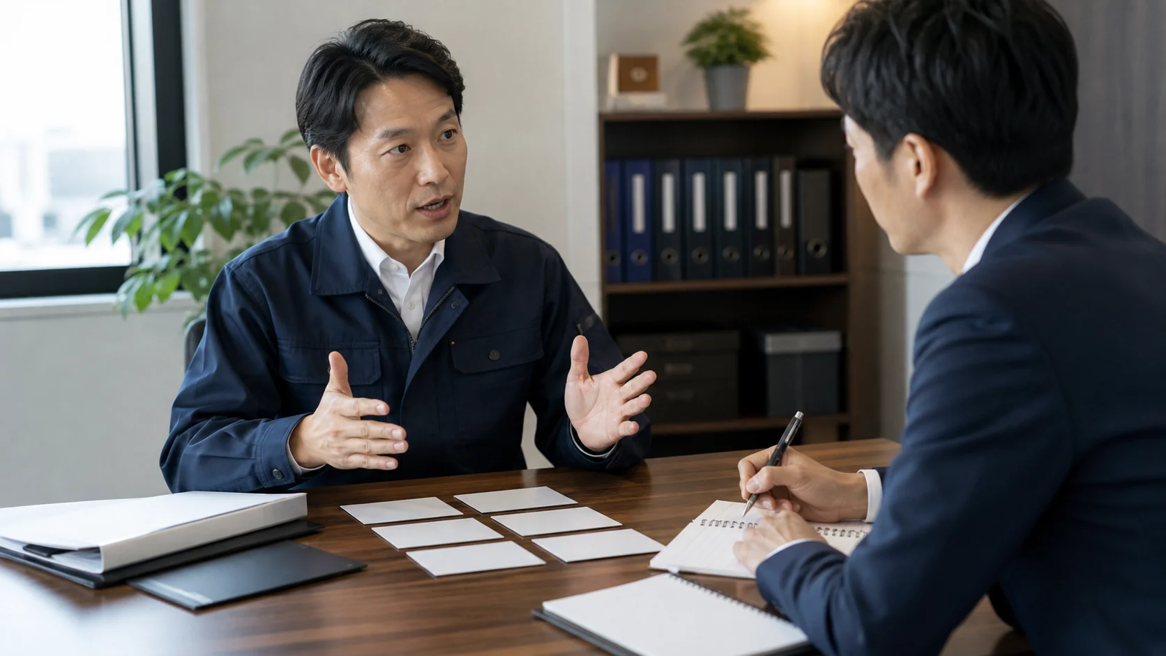 融資面談で経営者が説明しコンサルが記録を取る場面
