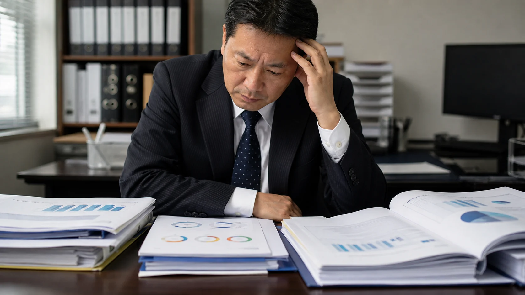 経営者が三社へ同じ質問票を提示し見積と担当者を比較する場面
