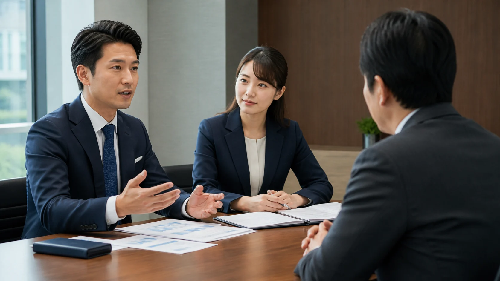 経営者が金融機関へ説明しコンサルタントが補助する場面