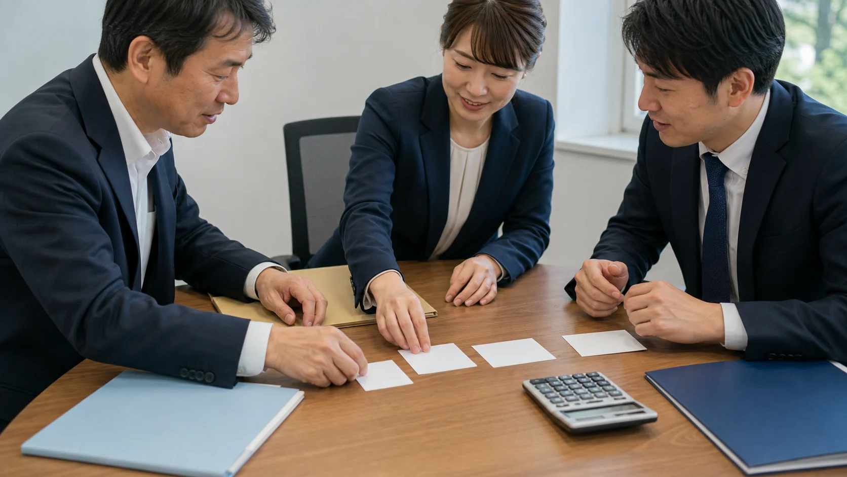 経営者と複数の支援者が資金調達の役割と工程を整理する場面