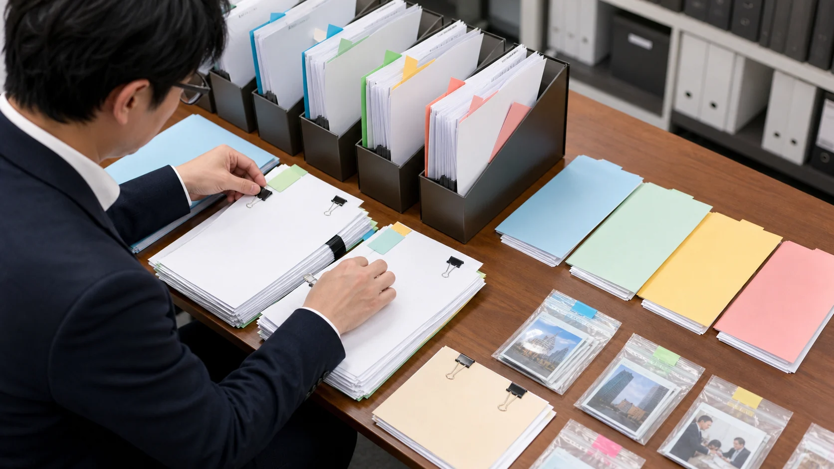 財務担当者が3社の実績定義と近似案件を同じ質問表で比較する場面