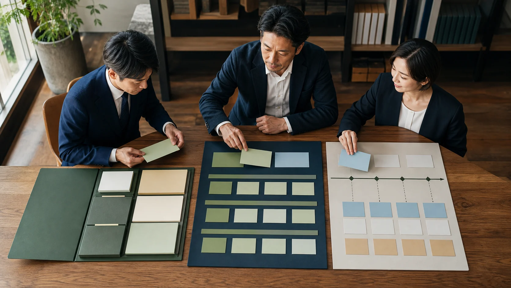 経営者と二人の支援者が制度・計画・資金調達の三つの工程を分ける場面