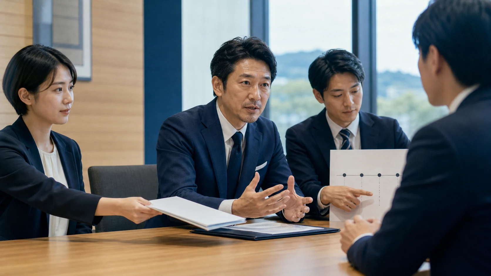 経営者が税理士と資金調達コンサルの支援を受け金融機関へ説明する場面