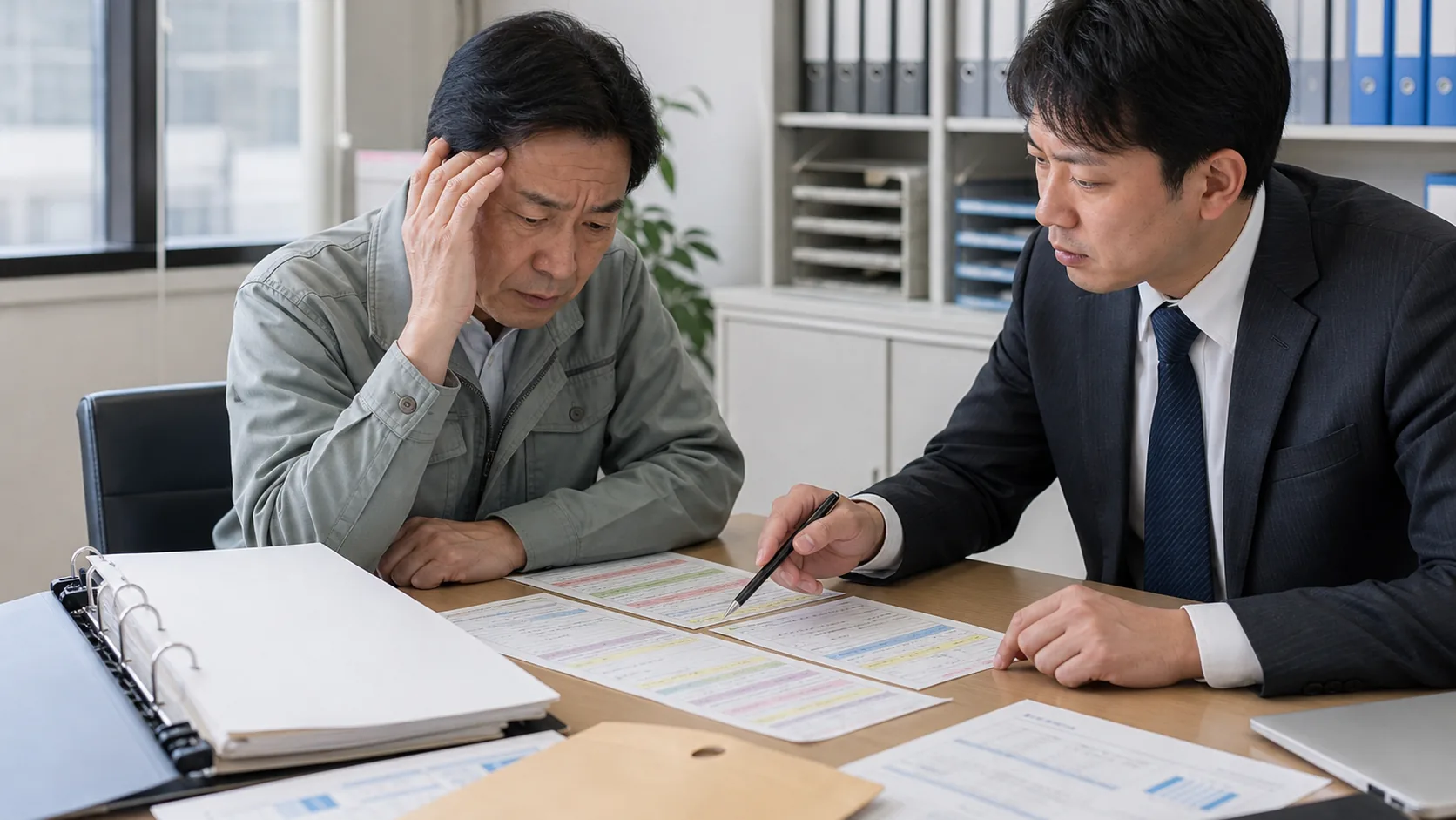 融資を断られた経営者が申込資料と資金不足日を支援者と確認する場面
