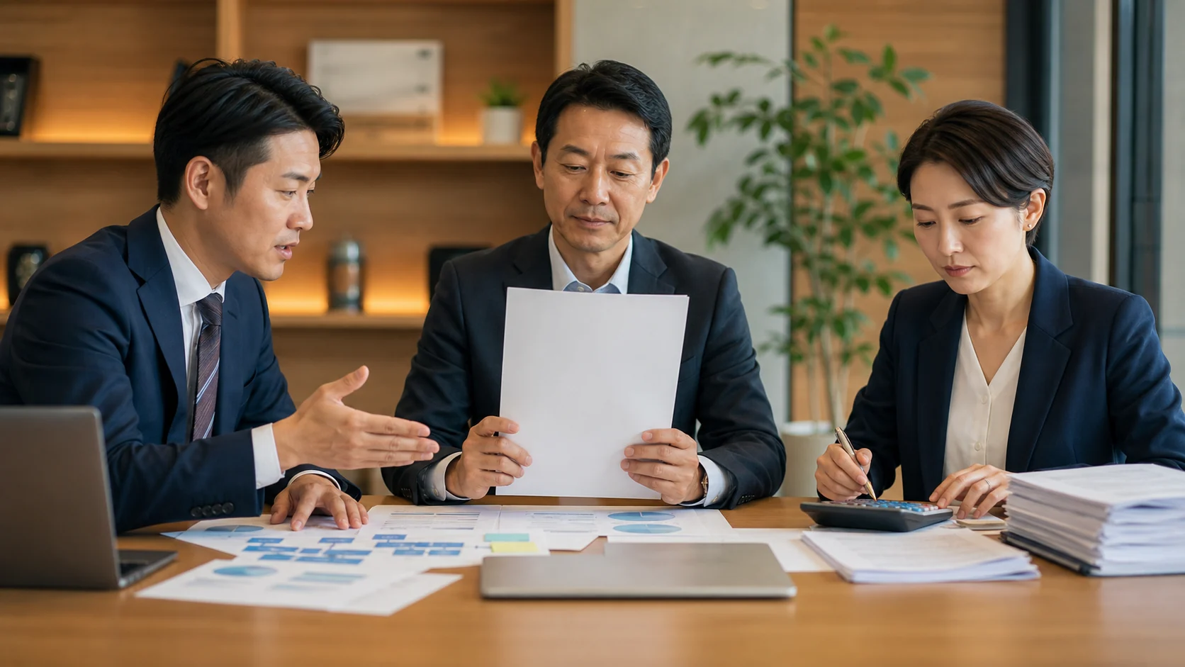 経営者・財務担当・支援者が事業計画の役割を分担する場面