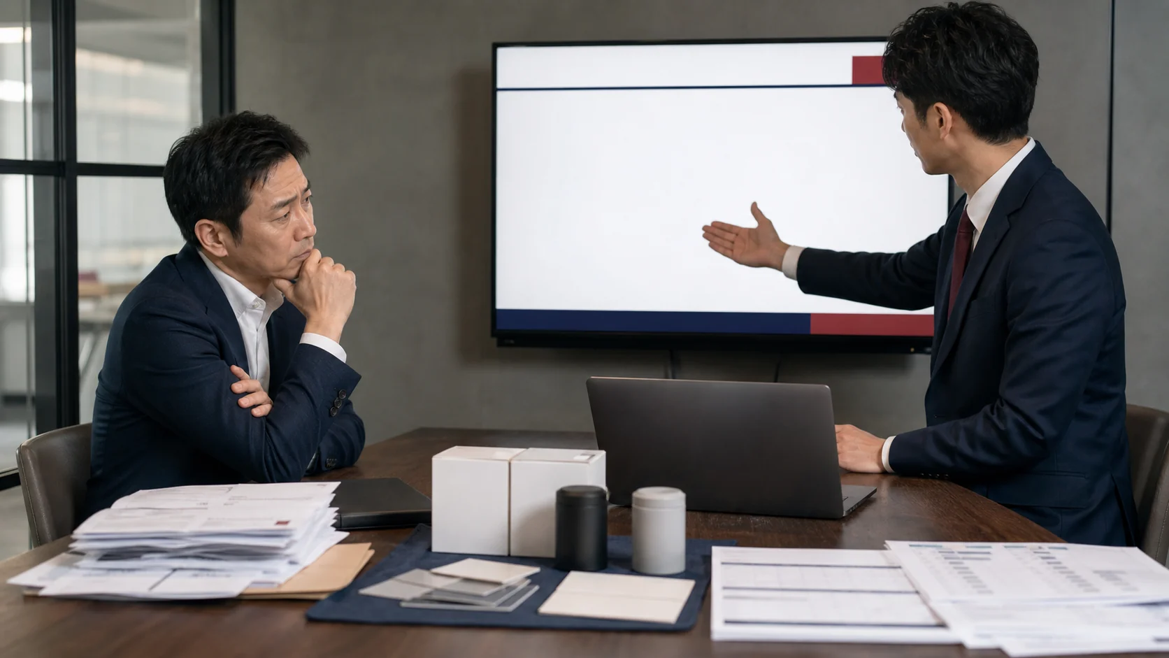経営者と支援者が事業計画の数値根拠を一つずつ確認する場面