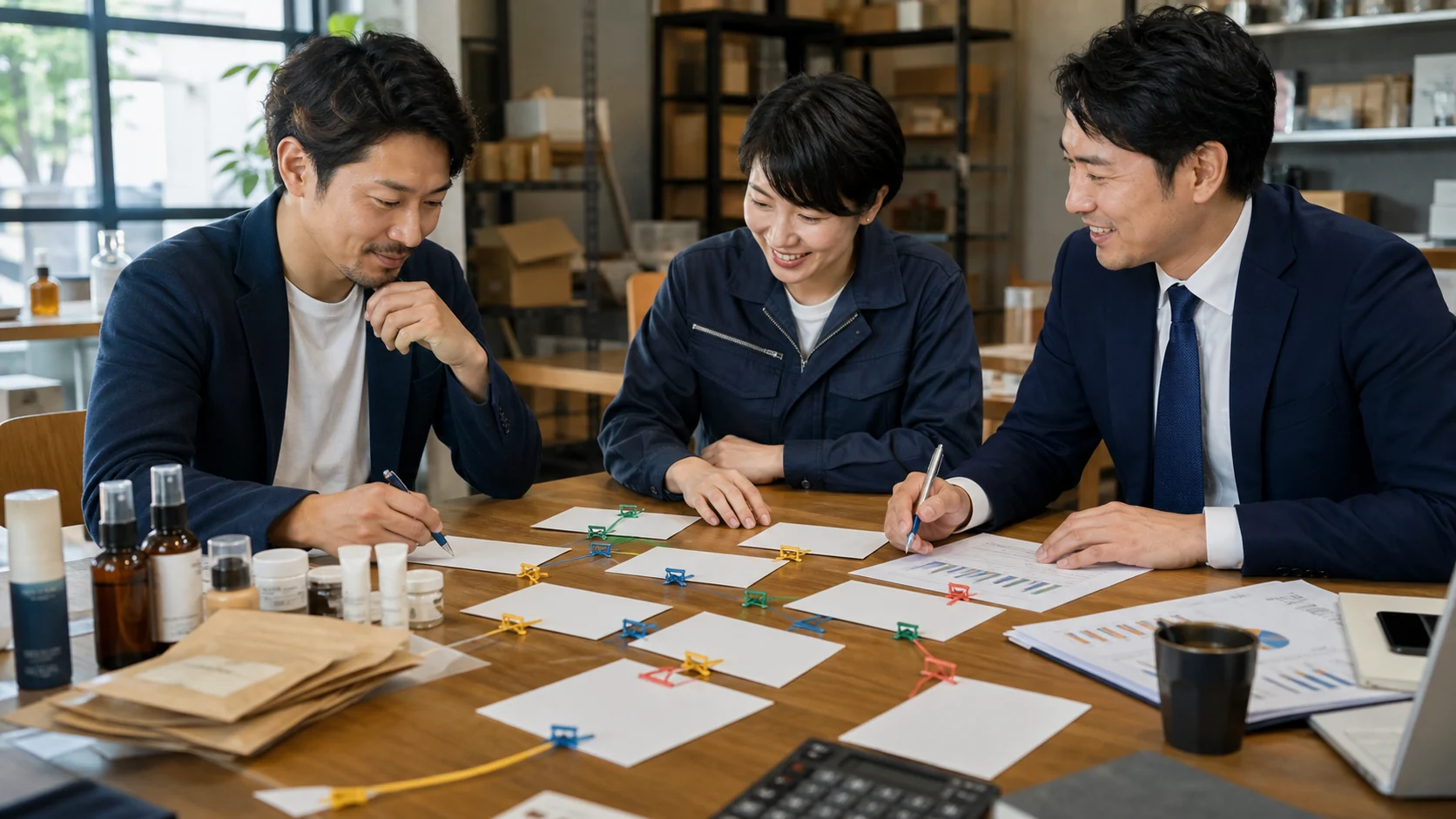 経営者が事業計画の前提と支援者の修正案を確認する場面