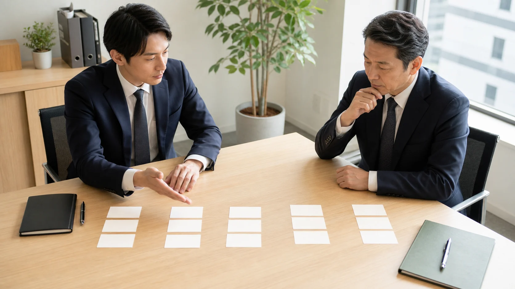 経営者と財務担当者が解約精算表と代替資金スケジュールを並行して確認する場面