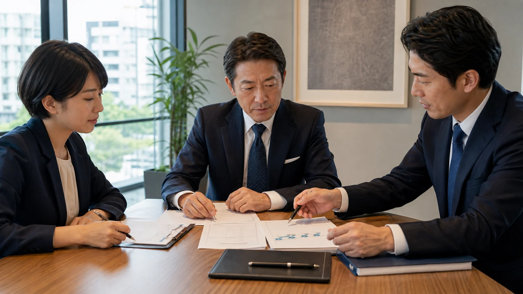 契約締結前の会議で10項目すべてに確認済み・要修正・専門確認の印が付く場面
