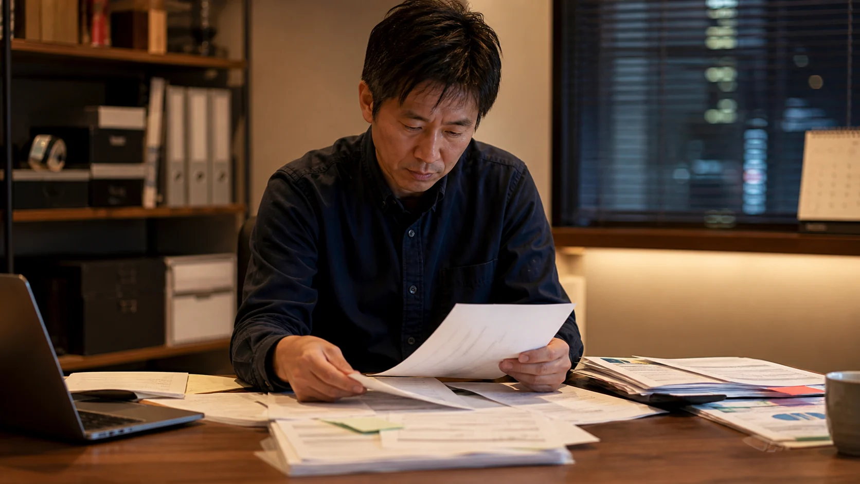 経営者が無料相談前に資金予定と借入状況を整理している場面