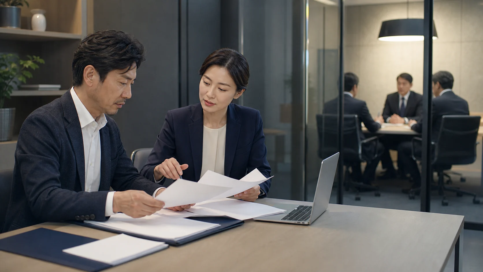 経営者と支援者が申込から契約送金までの進捗を確認する場面