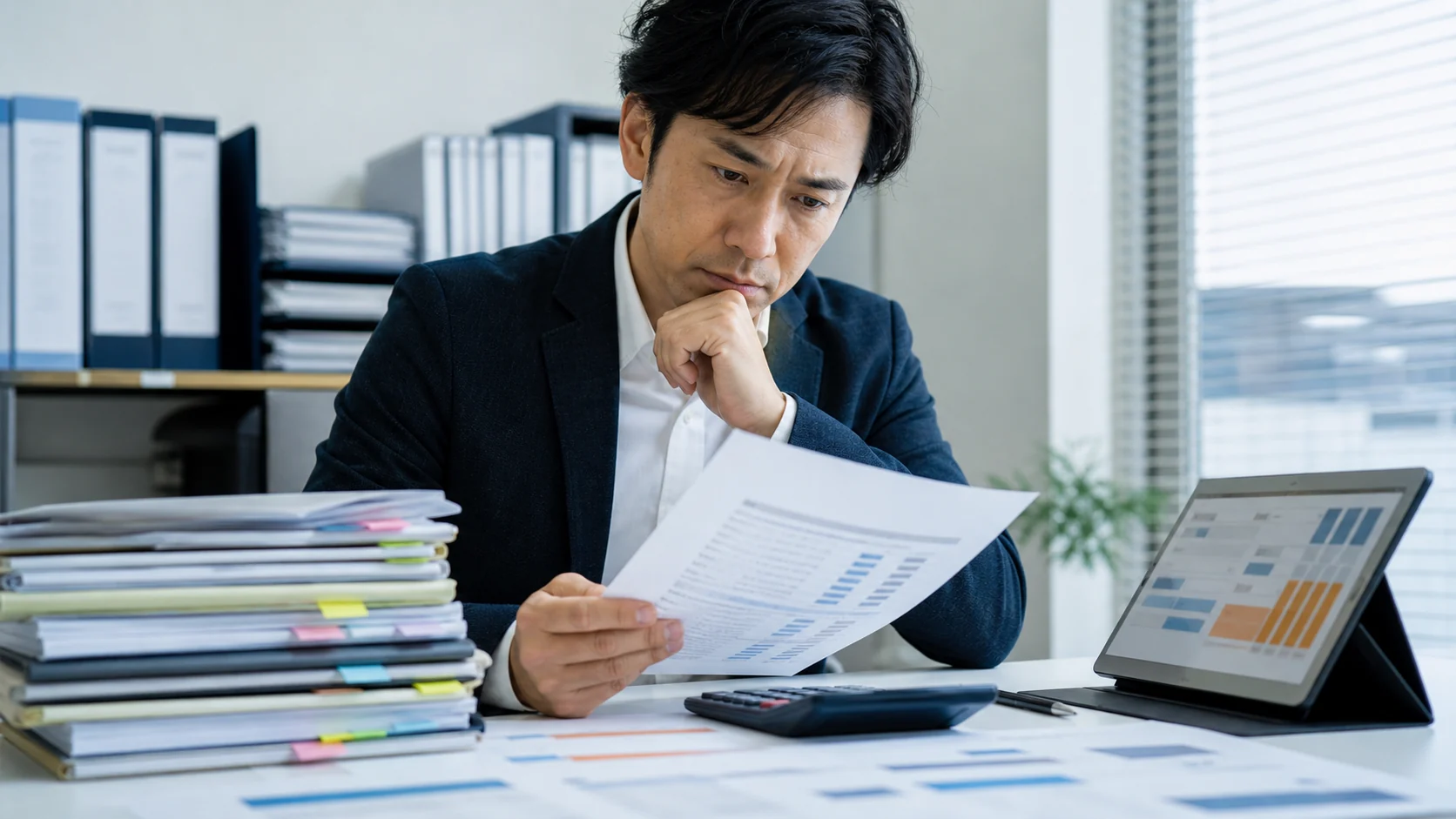 机上に決算書・試算表・借入一覧が混在し最新版を確認している場面