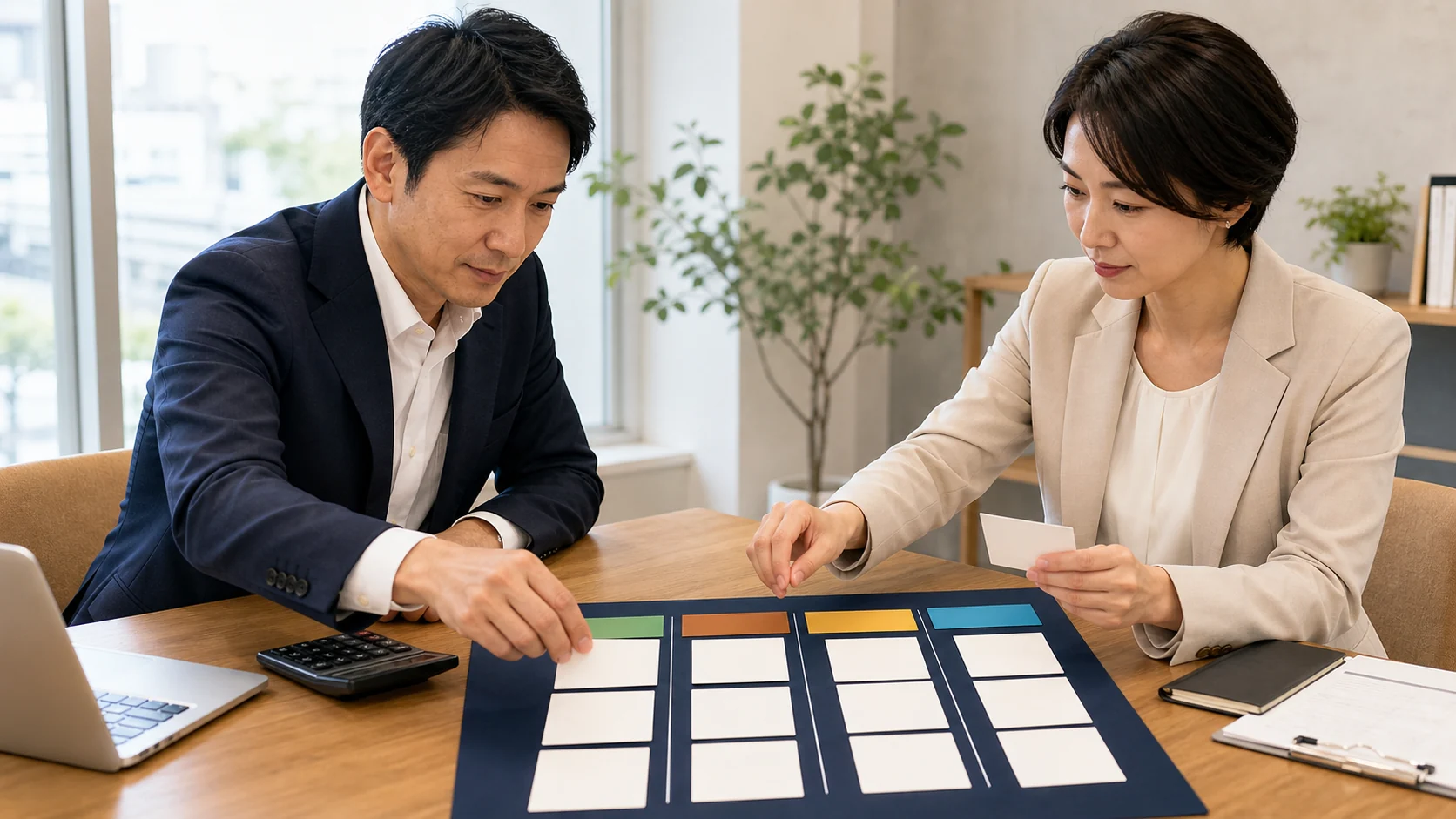 経営者が二つの料金プランを成立・不成立・辞退・減額の四列で比較する場面