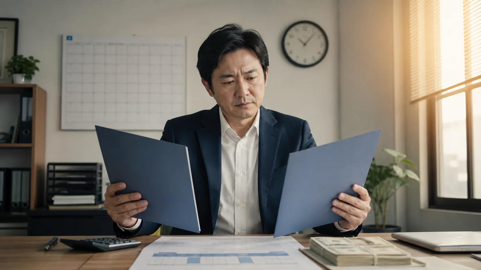 経営者が現在の資金調達提案と別の意見を同じ資料で比較する場面