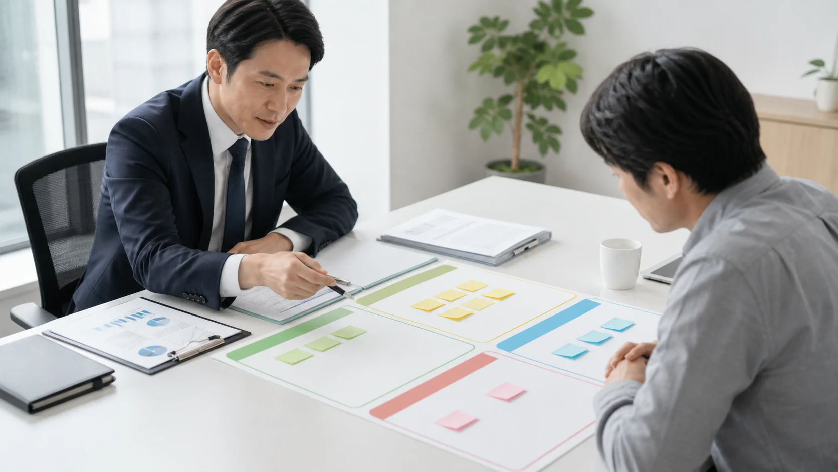 財務担当者が二つの資金調達提案の前提・根拠・期限を比較する場面