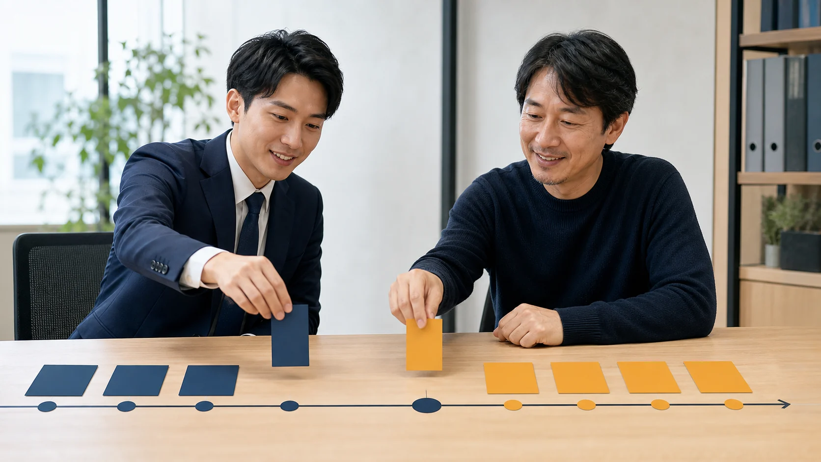 会社とコンサルが支援工程と継続月数を契約前に整理する場面